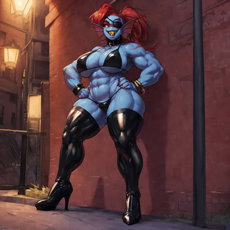 solo, 1girl, undyne, blue skin, female, (big bottom lip:1.3), (black lip gloss:1.3), large breasts, black leather collar, blue eyeshadow, (black latex bikini:1.6), (nipple outline:0.75), (black heels:1.4), (street corner:1.4), hands on hips, late night, st...