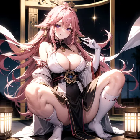 One girl， （Urzan-6500：0.7）， K-Pop Idols， yae miko， ， Exposed bare shoulders， Pink Hair， Long white hair， Japanese clothing， The best quality at its best， （da pintura：1.5）， （hair ornaments：1.35）， gem， Purple eyes， 耳Nipple Ring， Huge cleavage， Depth of writt...