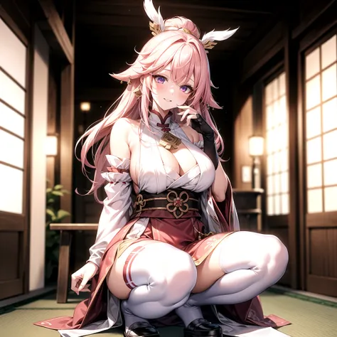 One girl， （Urzan-6500：0.7）， K-Pop Idols， yae miko， ， Exposed bare shoulders， Pink Hair， Long white hair， Japanese clothing， The best quality at its best， （da pintura：1.5）， （hair ornaments：1.35）， gem， Purple eyes， 耳Nipple Ring， Huge cleavage， Depth of writt...