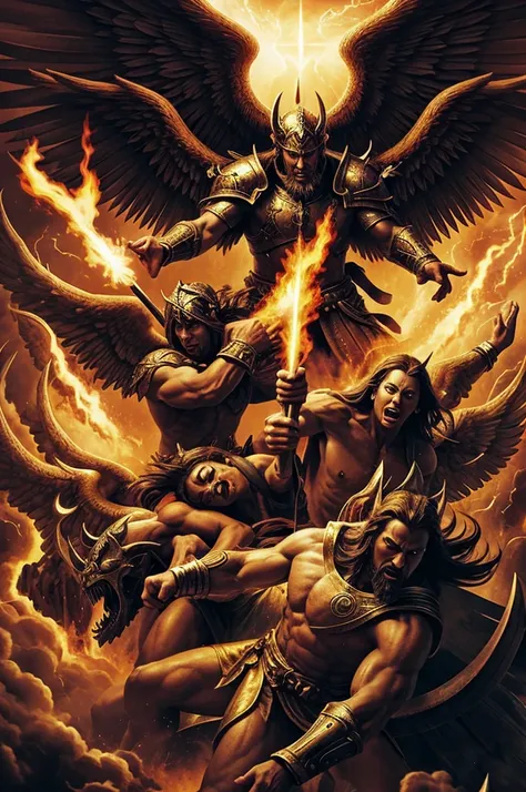 God fighting demons, battle between heaven and hell with legions of angels