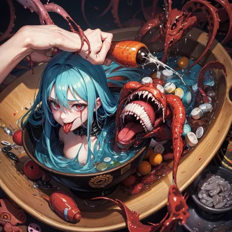 anime model , a painting of a zombie eating a bowl filled with various pharmaceutical PILLS, a hyperrealistic painting, by Jason Edmiston, cutecore clowncore, mixture of creatures with tentacles, horror wallpaper aesthetic, greg beeple, clown, art represen...