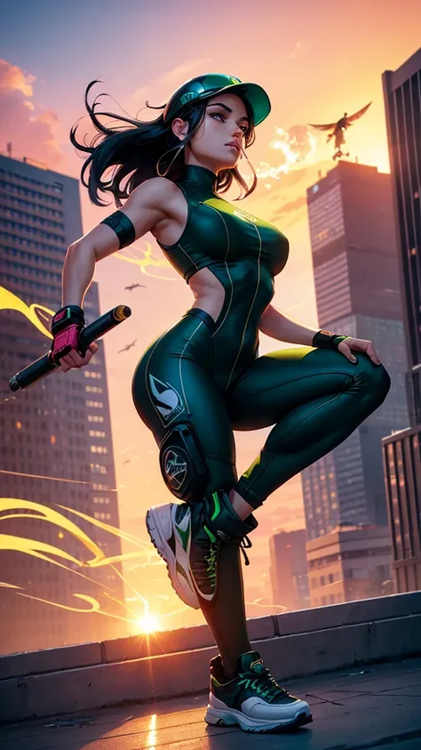 A City with a beautiful sunset with a Wonderful Beautiful Adult Woman with black hair and green eyes and wearing Sneakers, Aerodynamic Jumpsuit, Helmet with visor Gloves with protective pads, jewelry and elbow pads, Short Cover and Logo and Emblem with the...