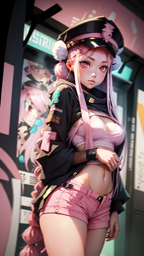 Beautiful woman medium hair, Wearing a hat, Cyberpunk Shorts,masterpiece, Highest quality, High resolution, (An illustration),{Detailed and beautiful eyes}, finely,  Detailed and beautiful eyes,(((Pink Eyes))),(((Long pink hair))),(Small breasts),Kunimi Ta...