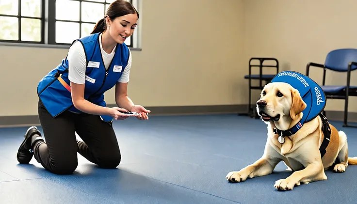 Please generate a scene depicting a trainer working with a therapy dog during a training session.

Trainer:
- A woman in her early 30s with a friendly and patient expression
- Wearing a professional trainers uniform with a logo that reads "Therapy Dog Trai...