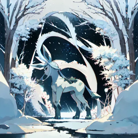 glaceon, snow,pokemon (creature),animal,  full body, tree,, (masterpiece, best quality,absurdres: 1.2),, perfect hands,, masterpiece,best quality,ultra-detailed,very detailed illustrations,extremely detailed,intricate details,highres,super complex details,...