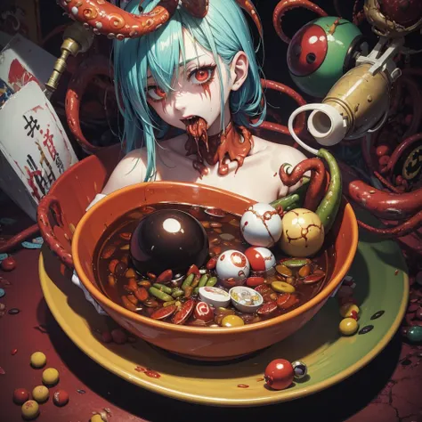 anime model , a painting of a zombie eating a bowl filled with various pharmaceutical PILLS, a hyperrealistic painting, by Jason Edmiston, cutecore clowncore, mixture of creatures with tentacles, horror wallpaper aesthetic, greg beeple, clown, art represen...