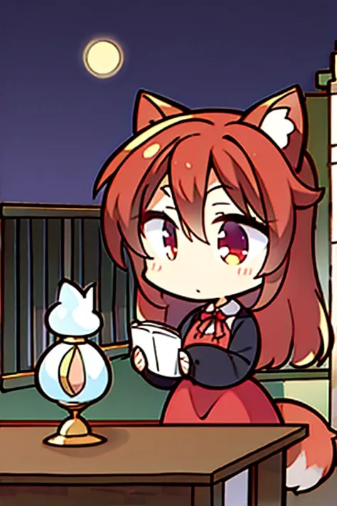 A red haired fox woman with a left red eye and right blue eye with an hourglass figure with red fox ears and a red fox tail in a cute summer dress is reading on a roof at night 