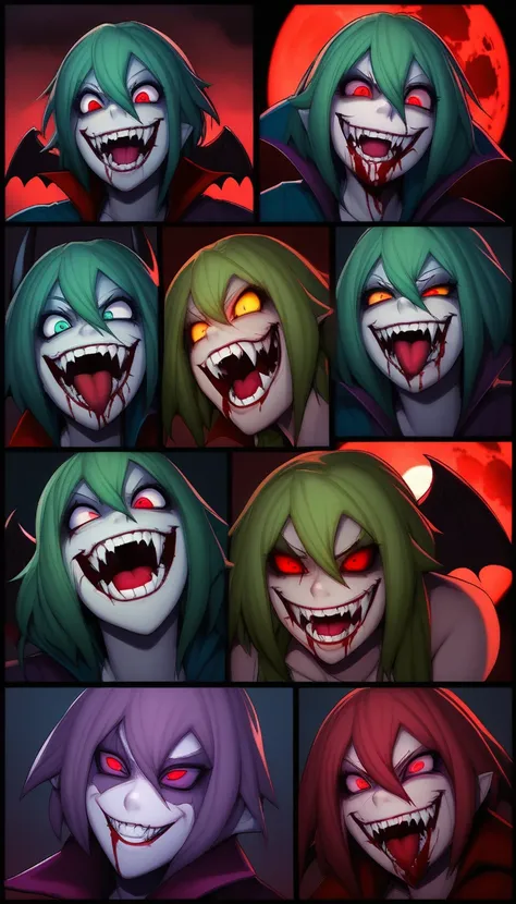 Red Eyes, Vampire tooth fangs, Boolean surface, Blood from the mouth, Smirk,Bat Wings, Scary smile, Psychopath Smile, Psychopath smile, Scary, Oral Opem, Angry eyes, Vampire, Dark sky background, Red + Blue + Green, Shining red moon, Red Eyes, Vampire toot...