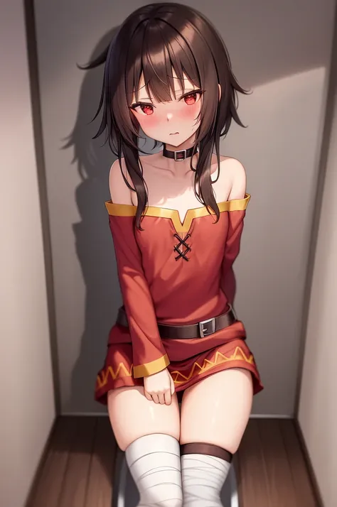 Megumin, One girl，alone，Short and long hair，Brown Hair，Red Eyes，Small breasts，clavicle，Thin legs，Red dress，Gold border，Black choker，Bandage on leg，Black panties，Sitting shyly，Hands behind back，Spread your legs，Skirt flipped up，Western-style toilet，Toilet，I...