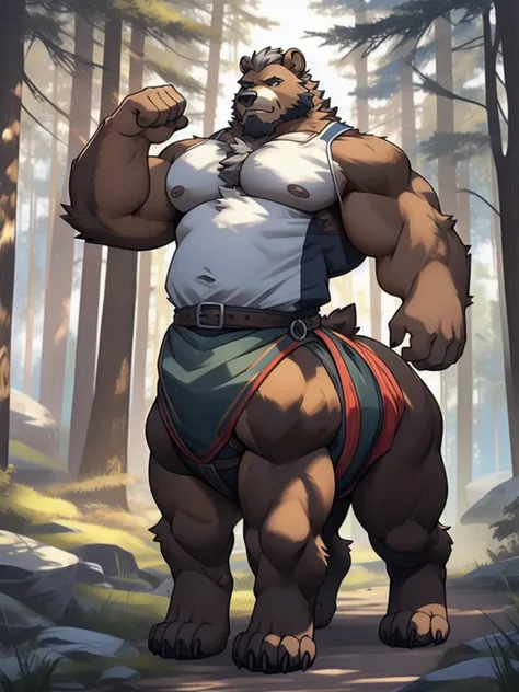 Grizzly Beartaur adventure in forest, brown fur, furry, fur taur, thick arm, huge arm, garibaldi bearded. Grey hair and grey beard, bearded, detailed face, detailed hands, detailed bear paws, detailed bear tail, muscular, chub, pectoral, wide pectoral, det...