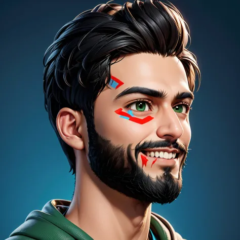 Create a cartoonish caricature 3D animation of a big-headed. a 25 year old Pakistani Businesman. He has short black pixie cut hair. His face is oval with smooth lines, thick and neat black eyebrows, normal eyes, a small, sharp nose, and thin lips with a wi...