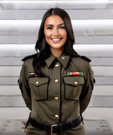 Mujer de estatura y complexion media, dark brown hair almost black and straight not so long, banita sonrisa y ayuelos, ohos medio y negros military uniform, rounded face, realistic, 4k 