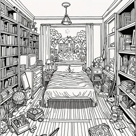 An illustration of a coloring book. Of black lines. A room where all objects are alive. They have a face