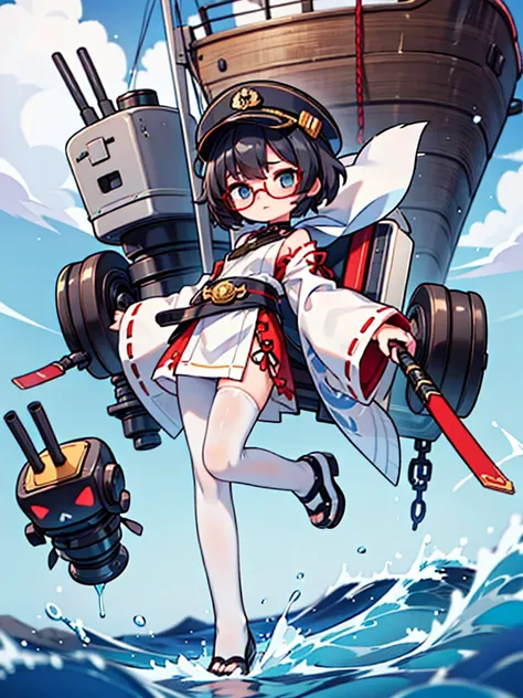 ((((Full body of a woman with perfect flat chest、solo、Short unkempt black hair、white military jacket、Miko costume、tights、Black glasses、White military cap、Cloudy eyes、Sleepy expression)))), (((masterpiece))), (((Shipgirl))), ((Floating on the morning sea wi...