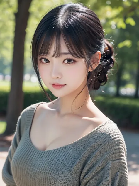 Park Background、masterpiece, Black Hair，Highest quality, figure, Ultra-detailed, finely, High resolution, 8K Wallpaper, Beautiful and fine details, Medium Hair,Color Lip, cute,cute