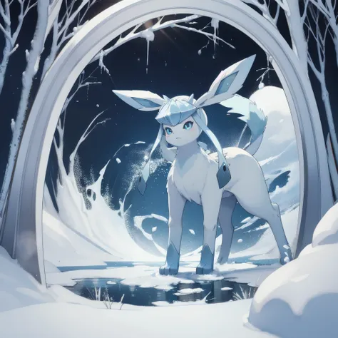 glaceon, snow,pokemon \(creature\),animal,  full body, tree,, (masterpiece, best quality,absurdres: 1.2),, perfect hands,, maste...