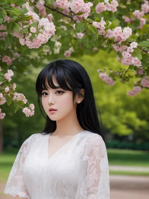 Park Background、masterpiece, Black Hair，Highest quality, figure, Ultra-detailed, finely, High resolution, 8K Wallpaper, Beautiful and fine details, Medium Hair,Color Lip, cute,cute