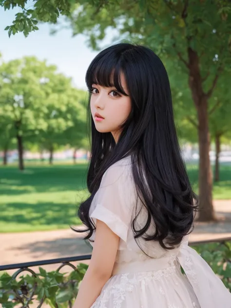 Park Background、masterpiece, Black Hair，Highest quality, figure, Ultra-detailed, finely, High resolution, 8K Wallpaper, Beautiful and fine details, Medium Hair,Color Lip, cute,cute