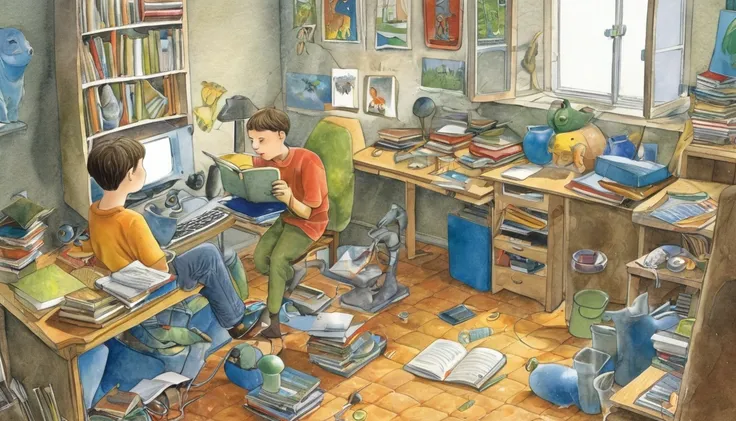 Create an illustration in the style of David Wiesner, the American illustrator, depicting an autistic teenager who uses his specialized knowledge to help improve the mental health of several left-behind children. The illustration should reflect the power o...