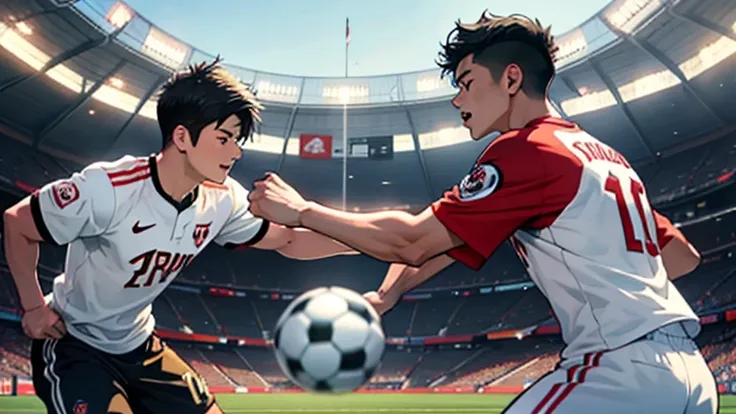 “create a realistic image of shohei ohtani and takefusa kubo facing off in a soccer match. shohei ohtani should be depicted wear...