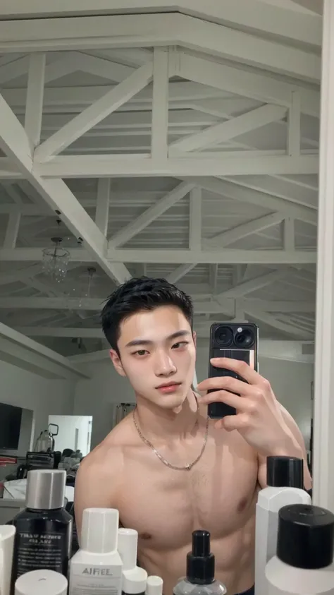 arafed man taking a picture of himself in a mirror, taken at the beginning of 2020, Taehyung Kim, wearing no shirt, 18 years old, perfect face and boy, 22 years old, 21 years old, mid shot of a handsome guy, Instagram Selfie, leaked image, 23 year old, Tom...