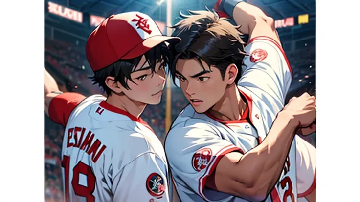 “create a realistic image of shohei ohtani and takefusa kubo facing off in a baseball game. shohei ohtani should be depicted on ...