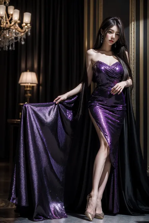 In a beautifully decorated venue，A very delicate and beautiful lady stood gracefully。Her face is delicate，Exquisite makeup，Exudes a charming charm。Dark purple long hair draped over shoulders，Slightly shimmering，Like flowing black silk。She was wearing a seq...