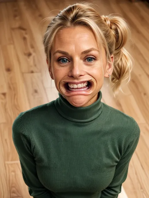 photo of a skinny very old wrinkly-faced faced mature blonde messy long hair thrown into a messy bun ponytail. She wears: (turtleneck soft high ribbed dark green super tight sweater:1.1), submissive seductive pose, high tight ribbed neck, seductive smile, ...