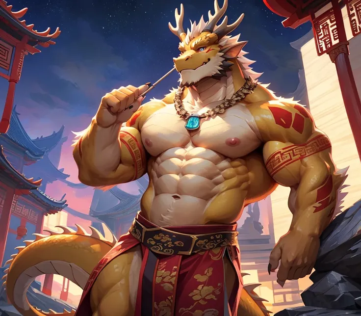 absurdres, ((best quality)), ((masterpiece)), (ultra detailed),perfect face,antro oriental dragon:2.5, male , (((chinese dragon))):2.5, (((eastern dragon))):2.5,(yellow body), (strong beefy muscular body), (abs, strongmuscles, 8 pack), furry, handsome,Beau...