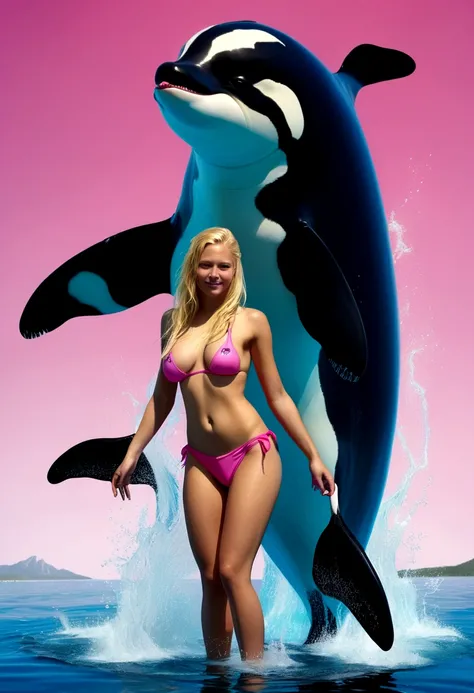 Orca monster humps beautiful Topless pink  thong aroused, blonde  young teen girl in the water, ultra realistic, perfect body top quality bestiality orca sex orca dick in pussy riding on orca 