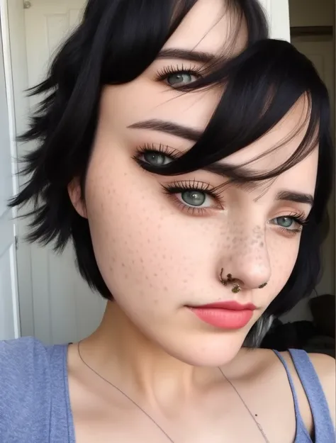 front camera selfie female xxddxx freckles blue eyes pixie hair cut shirtlift,black hair, huge boobs,black hair,profile picture style, sad expression 