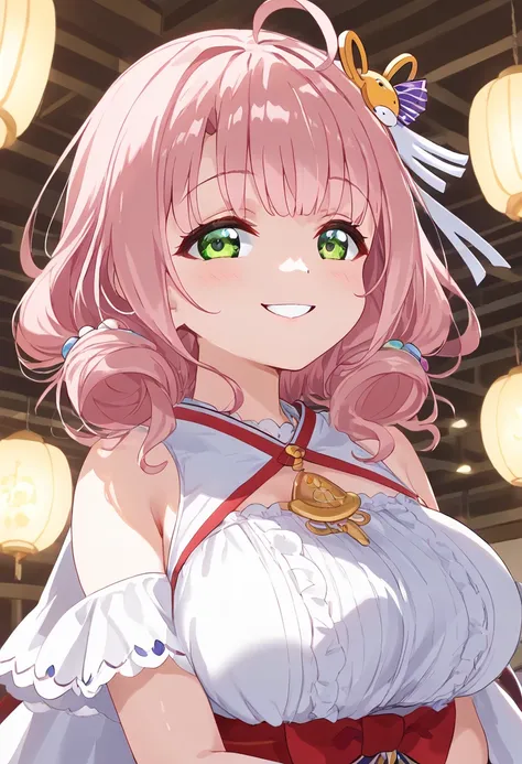 Anya Forger, Anya Forger, bangs, Green Eyes, Pink Hair, Ahoge, hair ornaments, Hair Pod, , woman, 7 years old ,, Live Stage, 巨大なchest, フォーマルドレスのsmile　Chika alone, MitsuriKanroji, nice, smile, chest, Underarm, White dress, natural soft light, Macaroons, Sti...