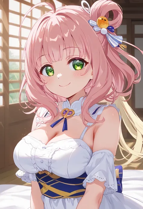 Anya Forger, Anya Forger, bangs, Green Eyes, Pink Hair, Ahoge, hair ornaments, Hair Pod, , woman, 7 years old ,, Live Stage, 巨大なchest, フォーマルドレスのsmile　Chika alone, MitsuriKanroji, nice, smile, chest, Underarm, White dress, natural soft light, Macaroons, Sti...