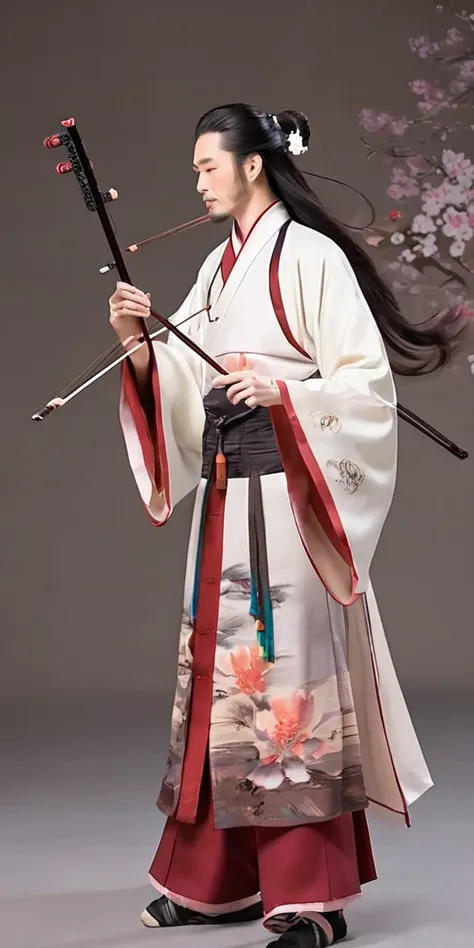 1man, young man, long hair,  western face, face detail, tall and thin, playing erhu,holding erhu, wearing hanfu, (((masterpiece,...