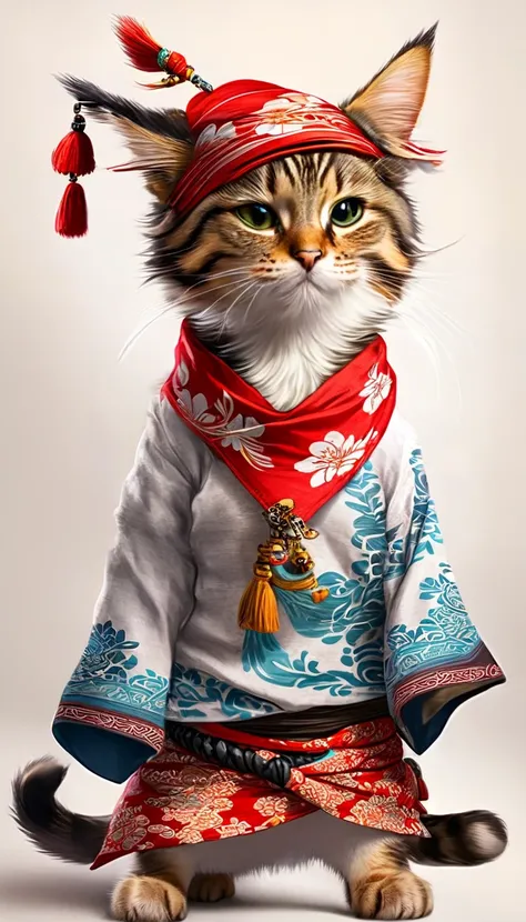 araffe cat wearing a bandana and a hat and a shirt, cat design, anthropomorphic cat, cat furry, anthropomorphic female cat, awesome cat, fluffy cat t - shirt design, samurai cat, cute 3 d render, fursona wearing stylish clothes, cat. digital painting, look...