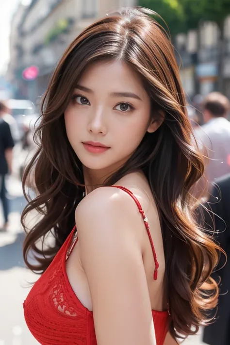 highest quality、4K、Beautiful lady、Perfect Face、Perfect Style、model、perfect body、Sunburn、beautiful lady、mature、long curly layer brown hair、Swept-back hair、full body, sexy 、charming、healthy、in Paris