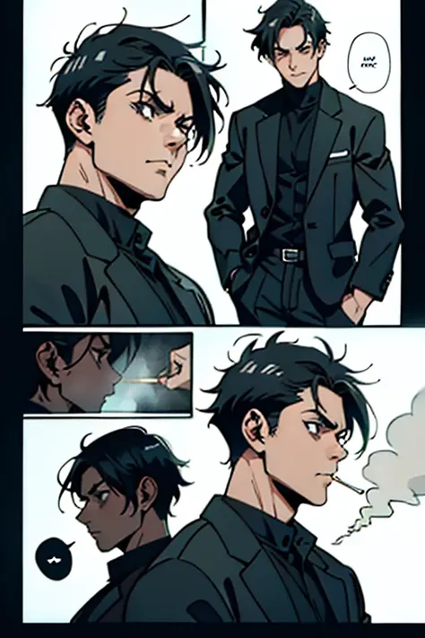 guy with short black hair smoking and walking, side veiw, manga page with panels and dialogue