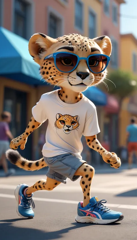 disney style, line art, anthropomorphic cheetah, wearing shorts, sport shoes, t-shirt, sunglasses, ready to run, (best quality,4k,8k,highres,masterpiece:1.2),ultra-detailed,(realistic,photorealistic,photo-realistic:1.37),concept art,vibrant colors,dynamic ...