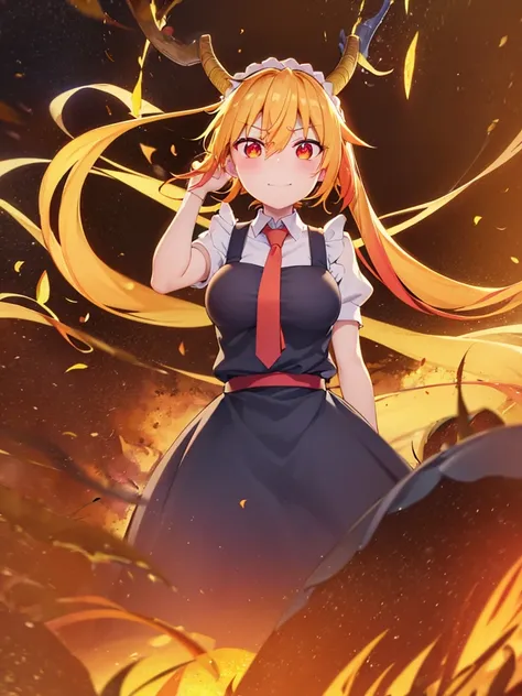 tooru_kobayashisanchinomaidragon, blonde_hair, horns, dragon_horns, long_hair, dragon_girl, maid_headdress, twintails, multicolored_hair, maid, blush, gradient_hair, necktie, red_eyes, smile mouth,face of happiness, red_necktie, orange_eyes, hair_between_e...