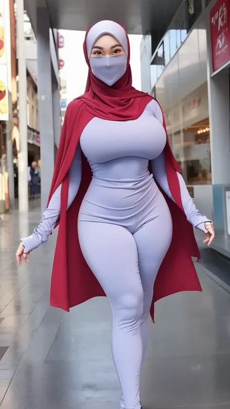 1 woman, woman wearing a hijab, asian woman, hyper woman, seductive, charming, beautiful, big breasts, big hips, wearing an ultr...