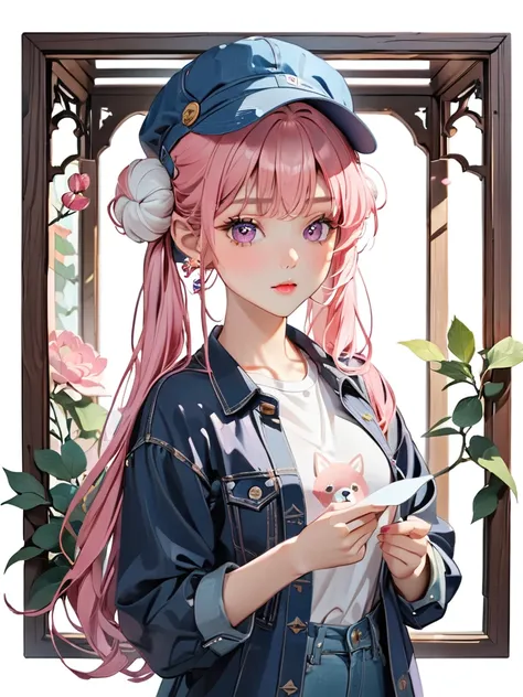 (((How to cut paper))), (The frame of the illustration is a 3D paper cut: 1.2), (colorful), 1 Girl, Pink long hair, Twin tails, cap, denim, shirt, A dog and a girl,masterpiece, Highest quality, High resolution, {Detailed and beautiful eyes}, finely,  Detai...