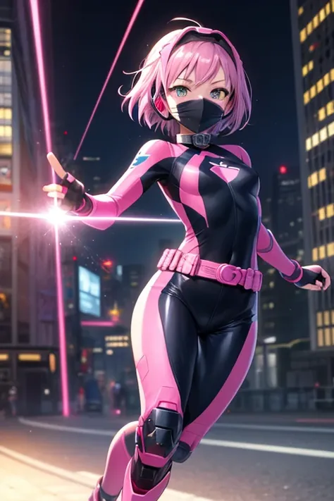 ((best quality)), ((masterpiece)), (detailed), 1 girl, full body, 20s, masked, black mask covering her entire head, smooth head, biker helmet with blue headphones on the sides, flashlight on her forehead, short pink hair coming out of her helmet, 1 small c...