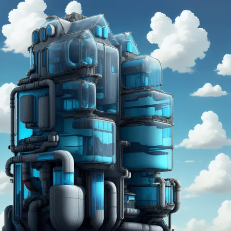 plasttech,synthetic,transparent , scifi,
house on a hill, blue sky, clouds