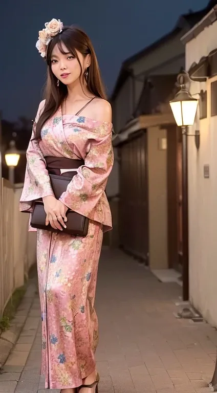 ((highest quality、8k、master piece:1.3))、Self snap、beautiful woman with perfect figure:1.4、(brown long hair、normal breasts:1.3)、(floral pattern yukata)、Highly detailed face and skin texture、detailed eye、double eyelid、laughter:1.5、Full body Esbian、～sacrifice...