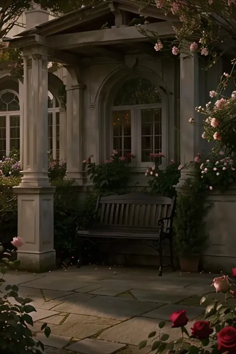 there is a bench in the middle of a garden with roses, soft focus matte painting, a still of an ethereal, realistic establishing shot, detailed cinematic shot, atmospheric beautiful details, cinematic detail, dreamy atmosphere and drama, cinematic establis...