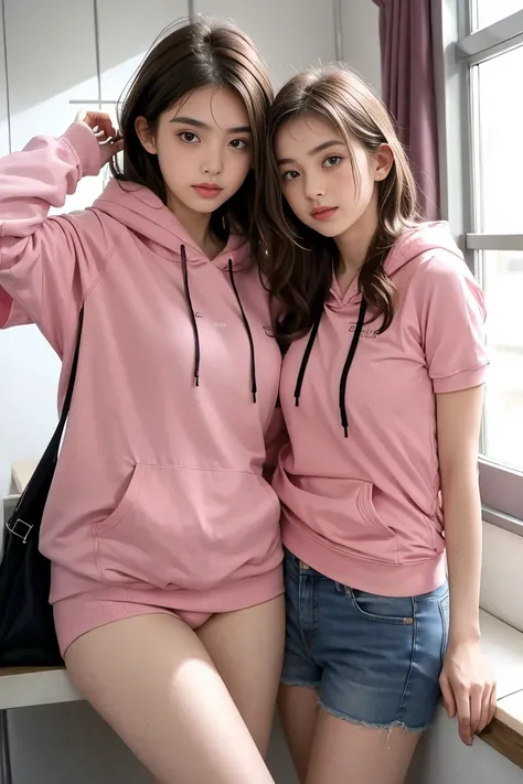 deux femmes ensemble de 18 ans sexy et mince , pink short sleeve hoodie , salle de classe, se touche,position sey,sensuel