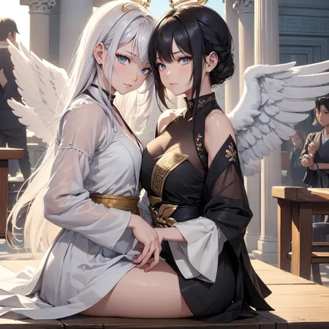 ((On the table, best quality)), Delicate face, Character Design Sheet，whole body, Perfect proportion，Rich in details, Multiple poses and expressions, Very detailed, Martial Arts Girl，1Girl with black wings，Gradient hair color，Golden，Delicate eyes, see thro...