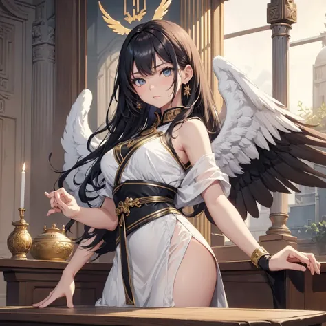 ((On the table, best quality)), Delicate face, Character Design Sheet，whole body, Perfect proportion，Rich in details, Multiple poses and expressions, Very detailed, Martial Arts Girl，1Girl with black wings，Gradient hair color，Golden，Delicate eyes, see thro...