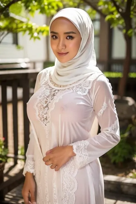 25 Years old, Indonesian mature woman, wearing modern Hijab, bright skin, Perfect body, Full body, natural Gigantic mature breast, Hard Nipple Erection, gorgeous eyes, Soft smile, wear a lace  Gamis, adorable, Breast about to burst out