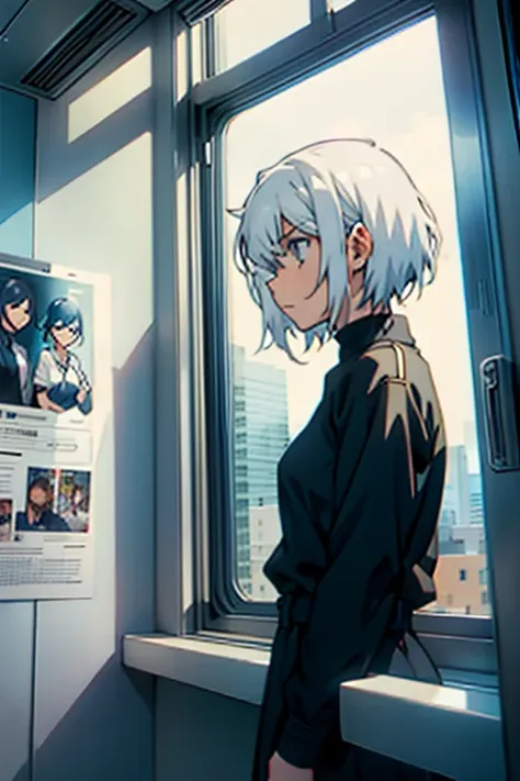 girl with short white hair small and really skinny, looking out window, manga page with panels and dialogue